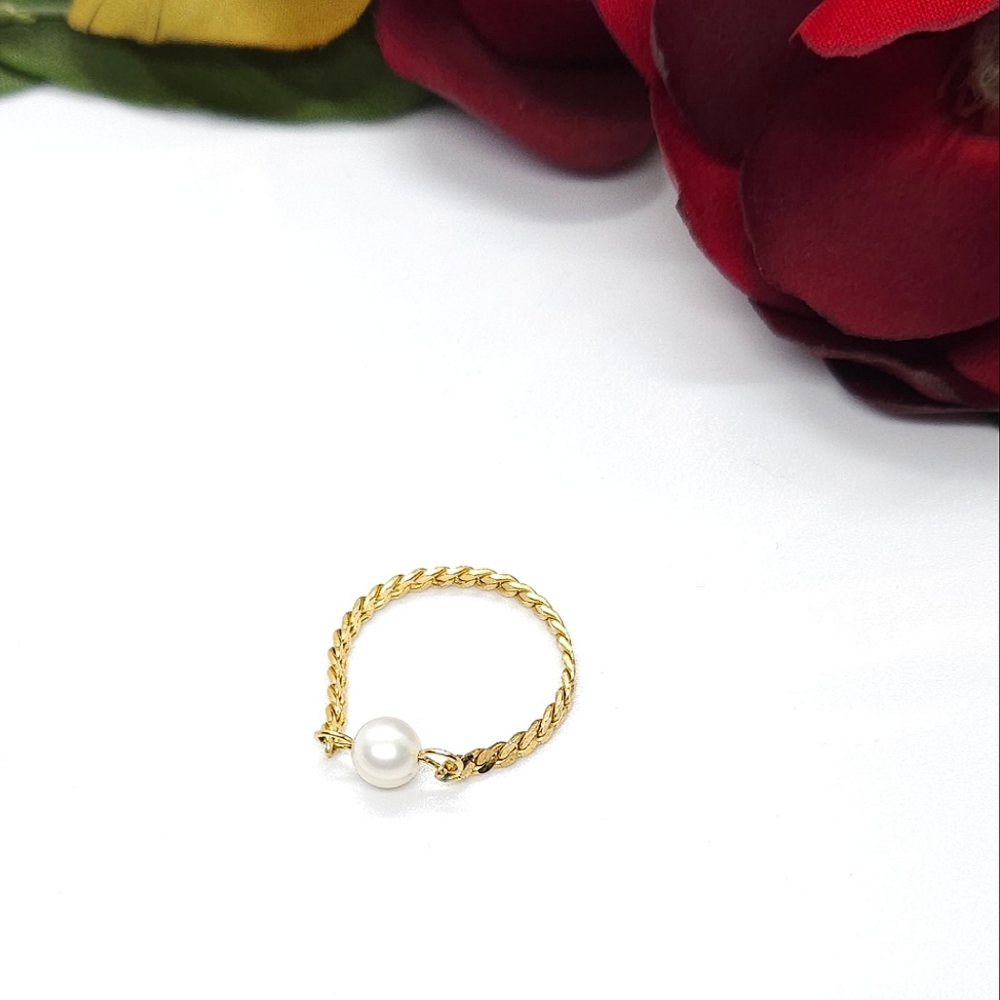 Handmade Genuine White Pearl & Gold Chain Link Ring Handmade by me Size 12